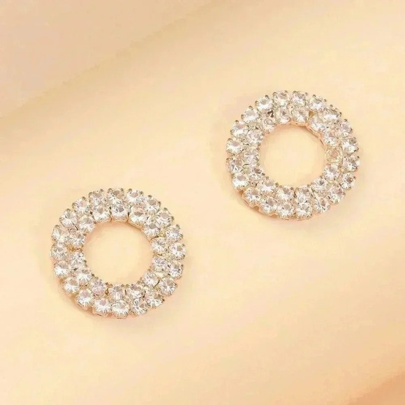 Yellow Gold Women's Elegant Geometric Circle Shaped Rhinestone Stud Earrings - Picture 4 of 5